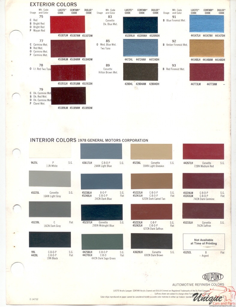 1978 General Motors Paint Charts DuPont 2